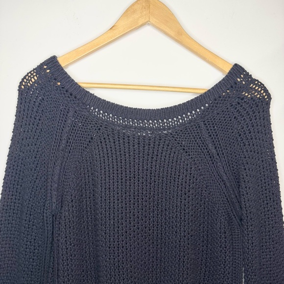Free People Navy Blue Waffle Open Knit Boat Neck Sweater Size Small - Picture 6 of 8